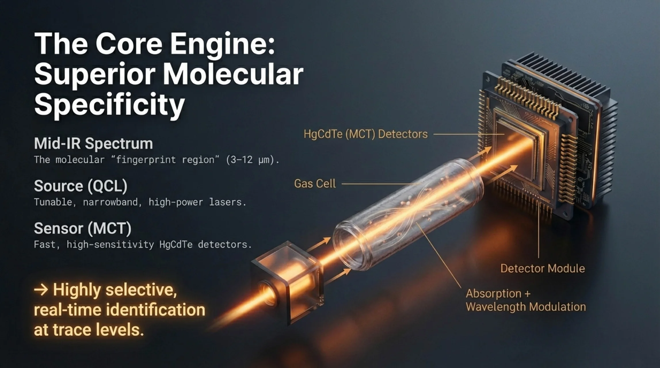 QCL source, gas cell and MCT detector architecture
